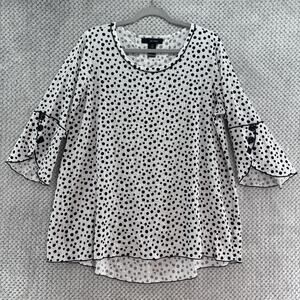 ali miles Top Womens Large White Black Polka Dot Crinkle Stretch Crew Neck Tunic